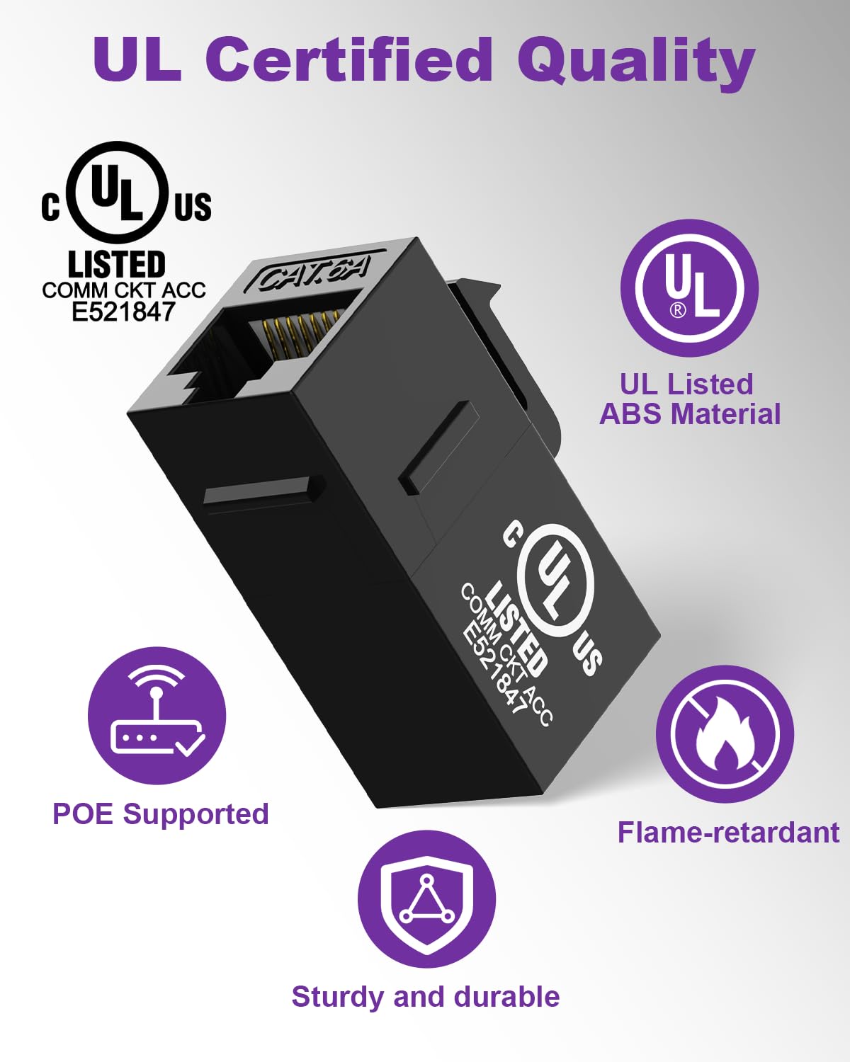 VCE UL Listed CAT 6A Keystone Coupler, UTP RJ45 Keystone Jack Female to Female, Ethernet Coupler for CAT6A/CAT6/CAT5E, Black, 25-Pack