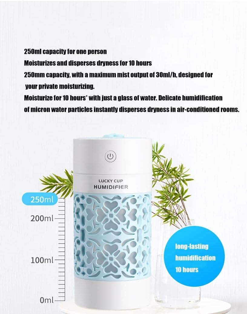 Portable Mini Car Air Humidifier 250Ml Small Humidifier USB Personal Desktop Humidifier Super Quiet Humidifier with Night Light,Blue