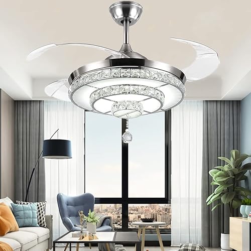 RuiWing - Ventilador de techo de cristal de 42 pulgadas con luz LED y control remoto retráctil 3 colores 3 velocidades con motor silencioso lujoso