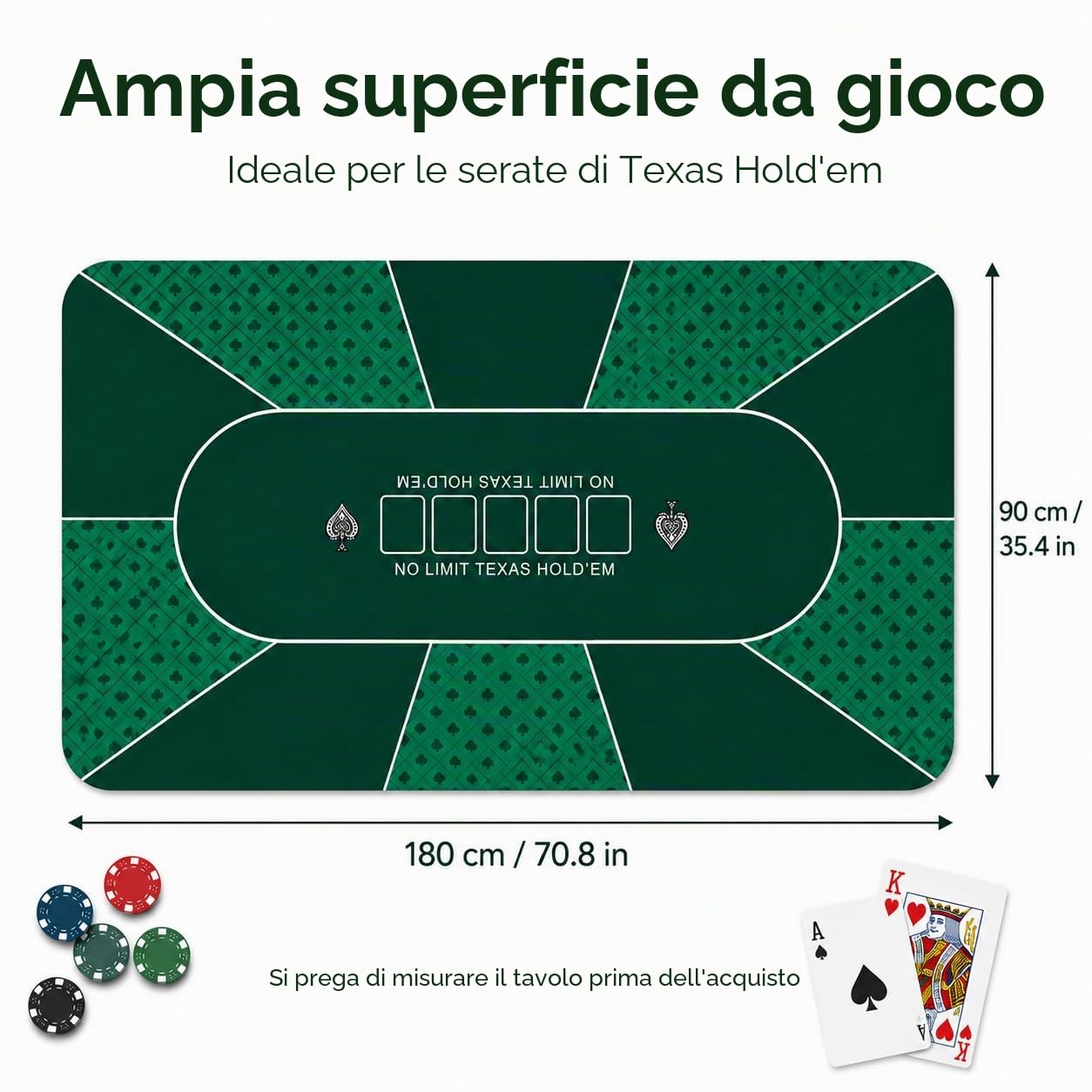 Texas Hold'em - Tappeto da poker professionale, 180 x 90 cm, tovaglia da poker Deluxe, con borsa per il trasporto, colore: verde