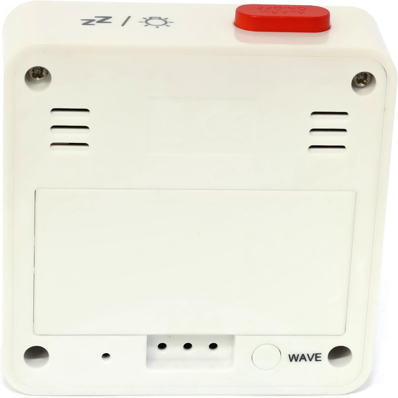 Zadní view of the Atlanta Digital LCD Radio Alarm Clock showing the battery compartment and 'WAVE' button.