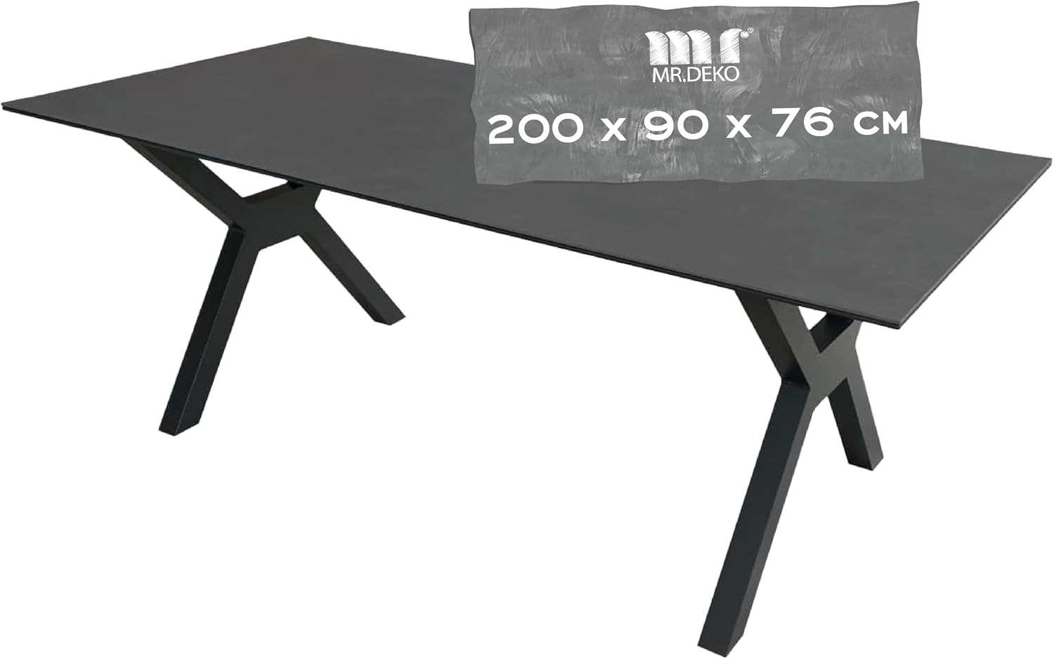 MR. DEKO Gartentisch Granada 200x90cm Esstisch Terrasse | Wetterfest Outdoortisch Dark-Grey Aluminium | Hochwertig Keramik-Tischplatte Gesinterter-Stein | Großer Balkontisch Gartenmöbel X-Gestell