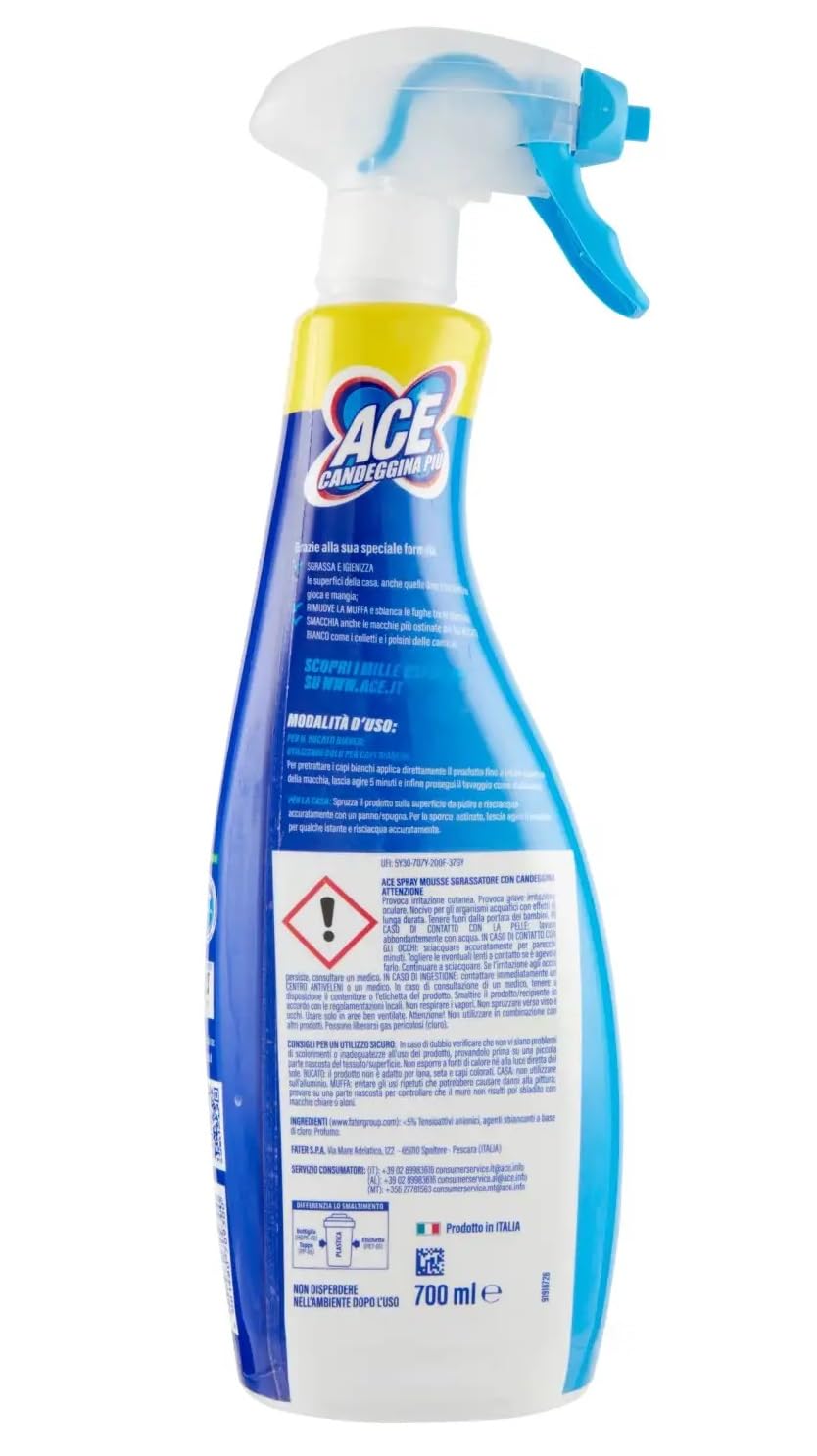 10x ACE Candeggina +Mousse Fresco Profumo, sgrassa le superfici della casa e le macchie più ostinate del bucato,Flacone Spray da 700ml + Portachiavi Beni Culinari in Omaggio