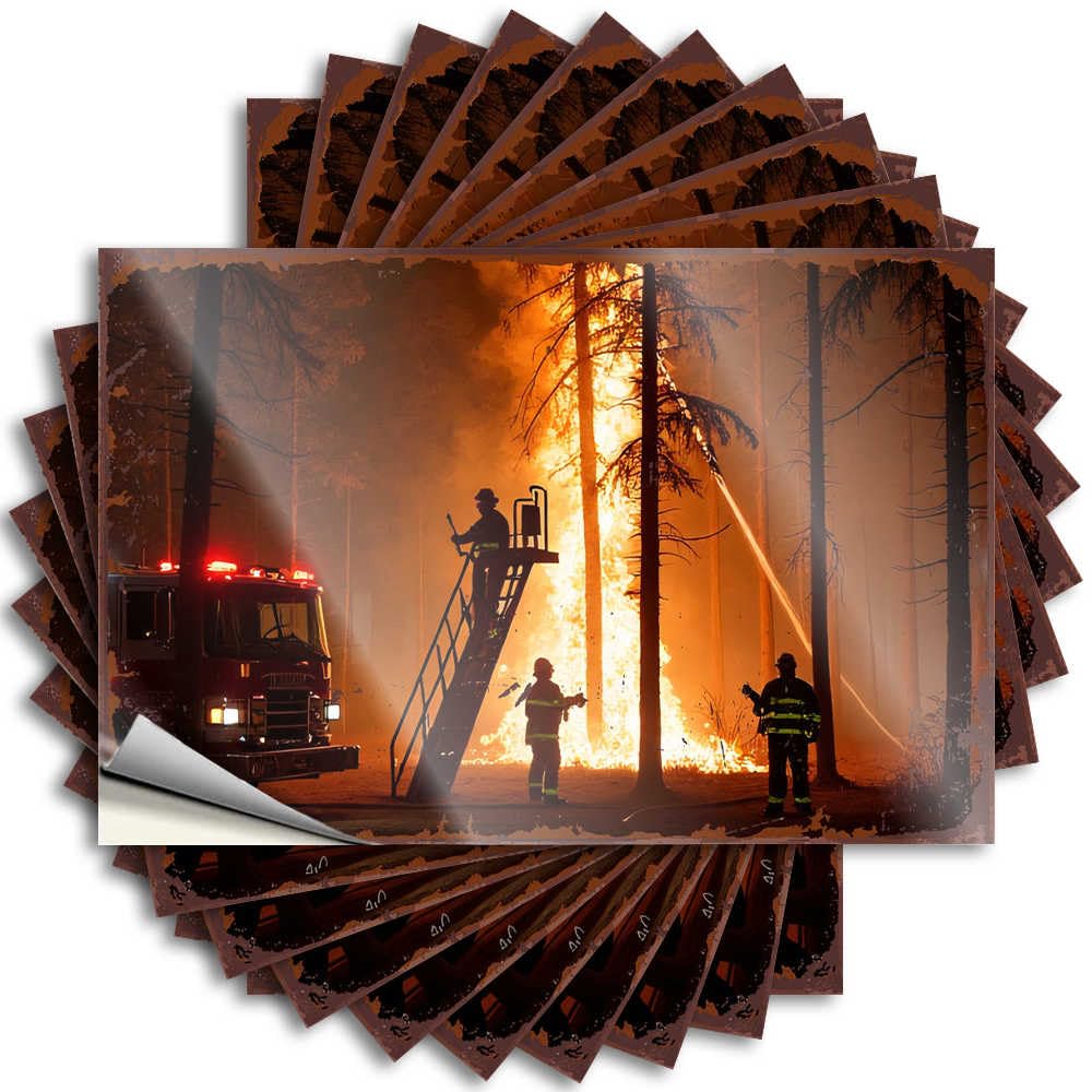 Fzfn Colour Fall Door Decorations Sports Decals - Firefighters Battle Intense Wildfire Amidst Charred Forest Door Waterproof Vinyl Sticker(8X12cm)