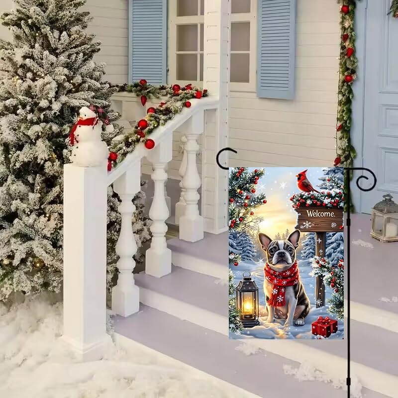 Merry Christmas Garden Flag 12x18 Double Sided, Small Burlap Holiday Welcome Snow Boston Terrier Dog Garden Flags Winter Christmas Outdoor Yard Decorations Porch Lawn Flags for Outside - Image 7