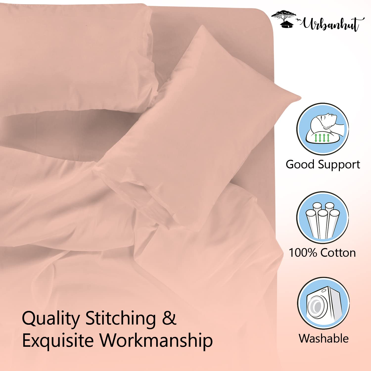 URBANHUT 100% Cotton Pillowcases, 700 Thread Count Queen Size, Ultra Soft Pillow Cases, 20X30 Inches Set of 2, Long Lasting, Hotel Quality Premium Cooling Pillow Cases, Blush