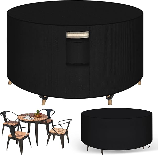 PATIO PLUS Garden Table Covers Round with Air Vents, 600D Oxford Fabric Circular Patio Table Cover, Outdoor Garden Furniture Cover Waterproof, Windproof, Anti-UV, 130x71cm, Black