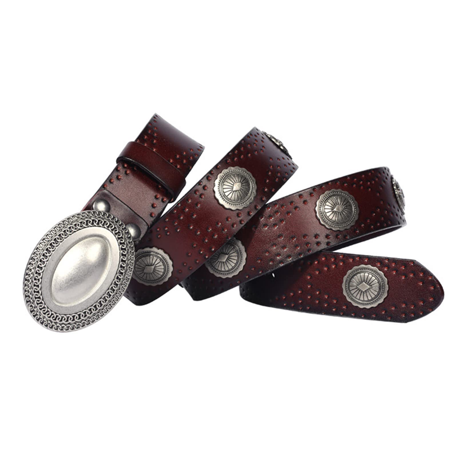 Cinturón de cuero de vaca RBUDSPOLF con tachuelas de metal de 38 mm café para vaqueros