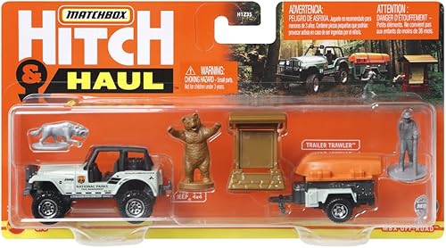 Miniatura 7 de Matchbox Hitch & Haul - Juego de vehículos fundidos a presión – Aventura de oso de navegación ~ Juego de 6 piezas ~ Coche CJ7 ~ Incluye arrastrero