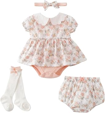 Baby Girl Bodysuit Dress Baby Girl Summer Outfits Dress Romper Floral Bloomer Shorts Socks and Headband