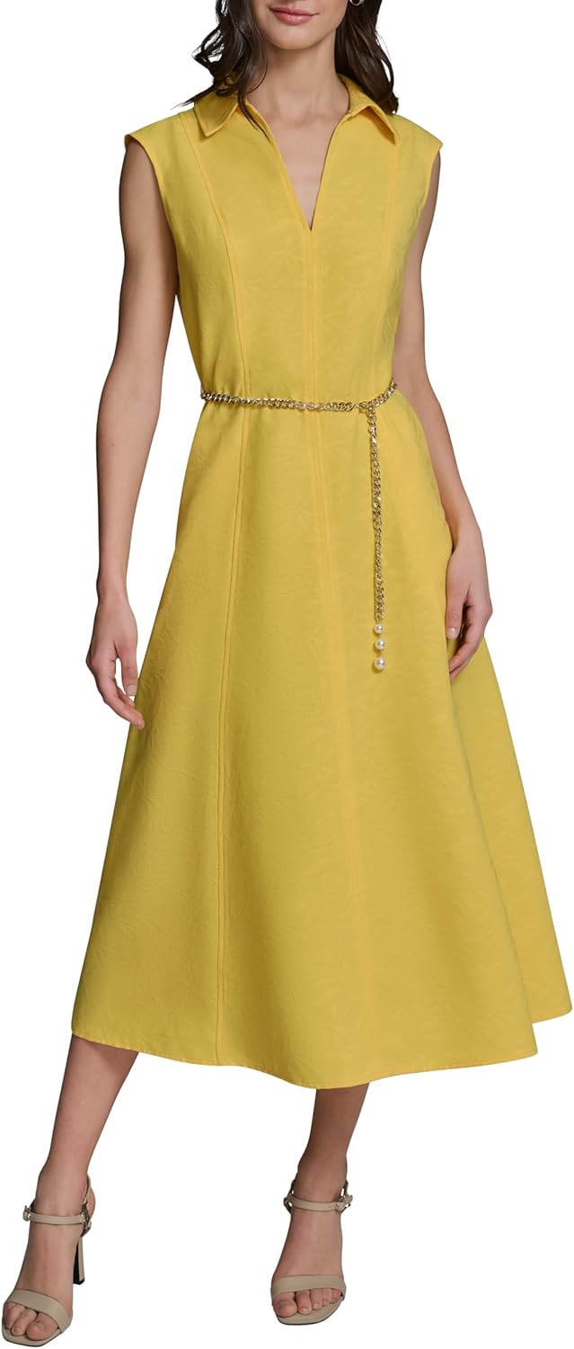 Karl Lagerfeld Women's Short Sleeve Collared Neck Floral Ottoman Midi Chain Belt Dress