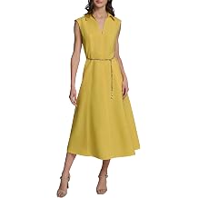 Karl Lagerfeld Womens Short Sleeve Collared Neck Floral Ottoman Midi Chain Belt Dress