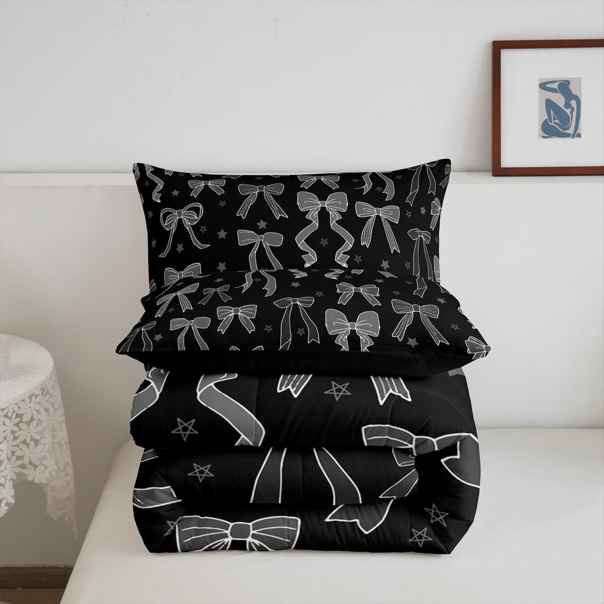 Feelyou Watercolor Bow Bedding Set for Kids Boys Girls Cute Black Grey Bowknot Comforter Set Queen Size Coquette Bows Duvet Quilt Bedroom Decor Breathable Soft Microfiber Dreamy Princess Style 3Pcs
