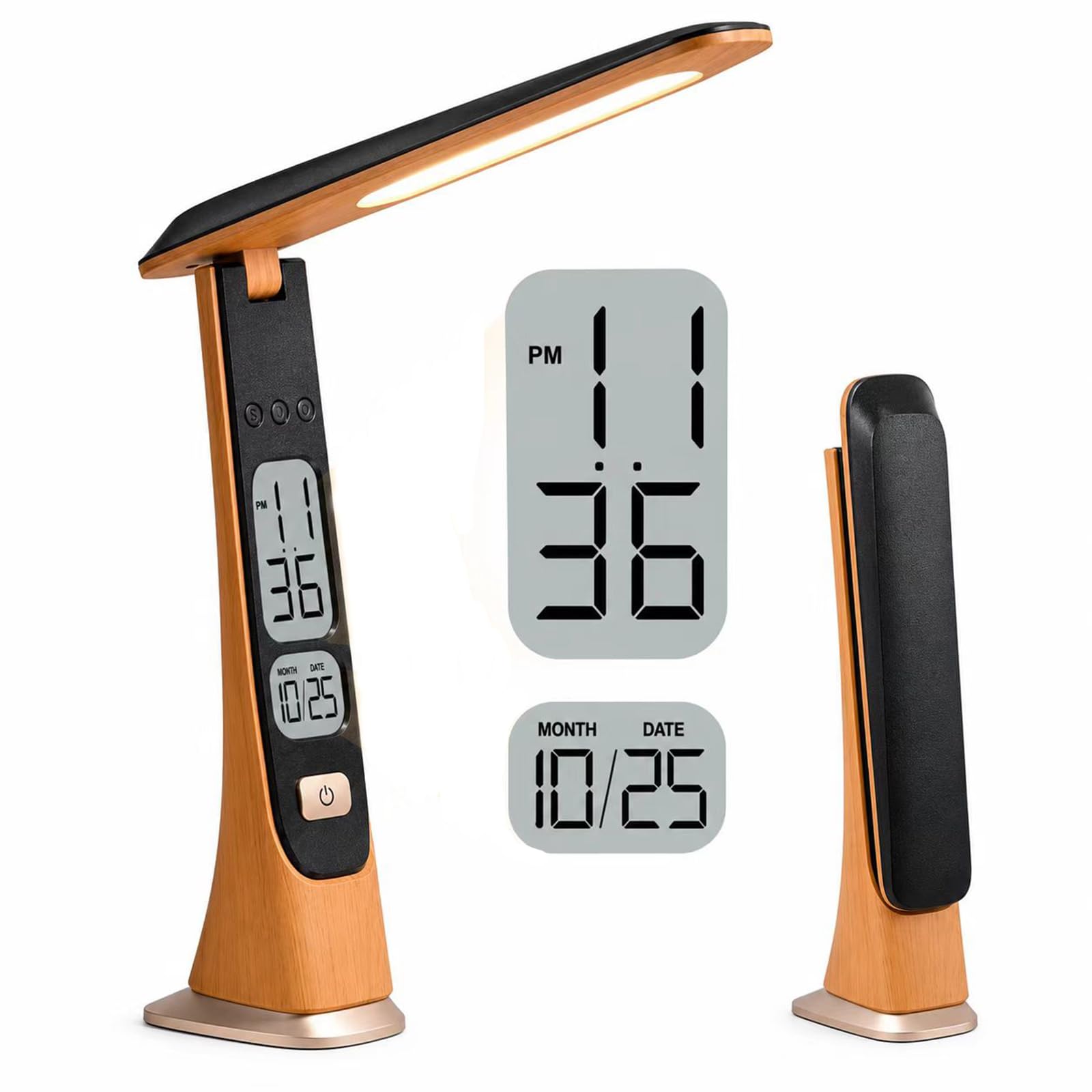Lampada da scrivania LED senza fili ricaricabile, lampada da tavolo con orologio, batteria, digitale, LCD, data, luminosità regolabile, pieghevole, luci portatili per la casa, la lettura, l'ufficio