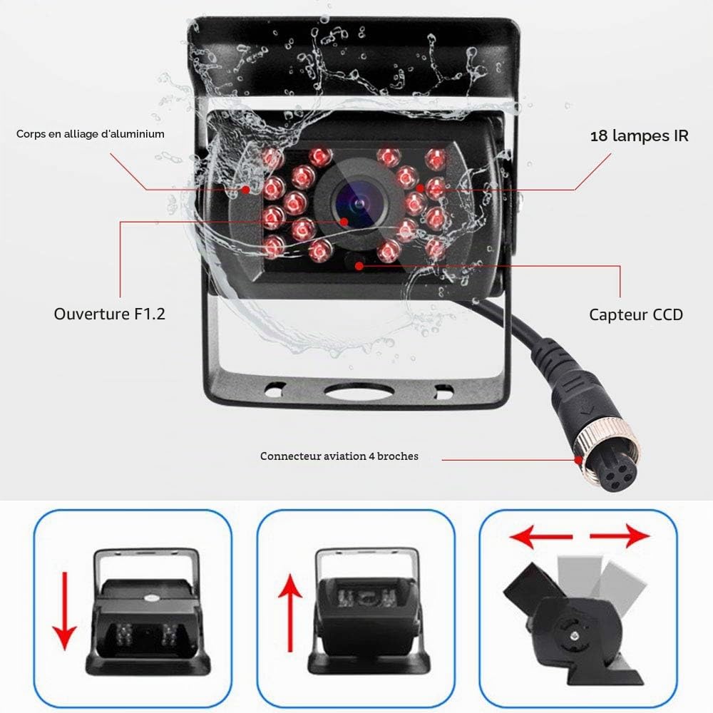 Kit de caméra de recul HD 4 broches IP68 étanche vision nocturne Caméra de recul LCD 7" pour camionnettes, camping-cars, camionnettes, caravanes, remorques, boîte à chevaux