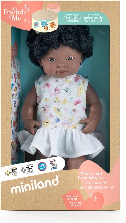 Miniland Baby Doll African Girl 15´´ inches in Box. Made in Spain with Vanilla Scent. Anatomically Correct. My Friends & Me Collection