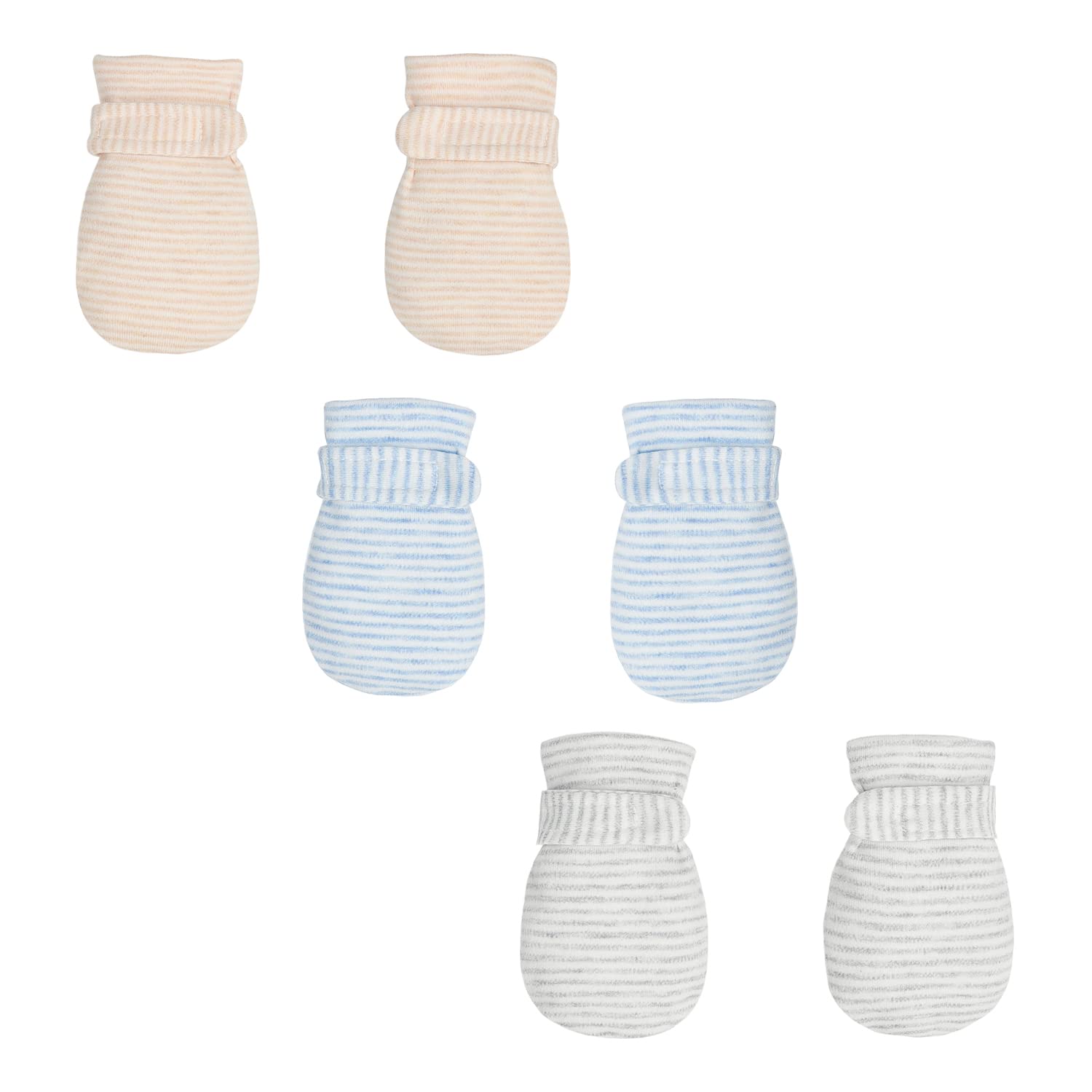Newborn Baby No Scratch Mittens Stay On, 100% Cotton Breathable, Adjustable Infant Gloves for Baby Boys Girls Mittens (Khaki/Blue/Gary Stripe, 0-3 Months)