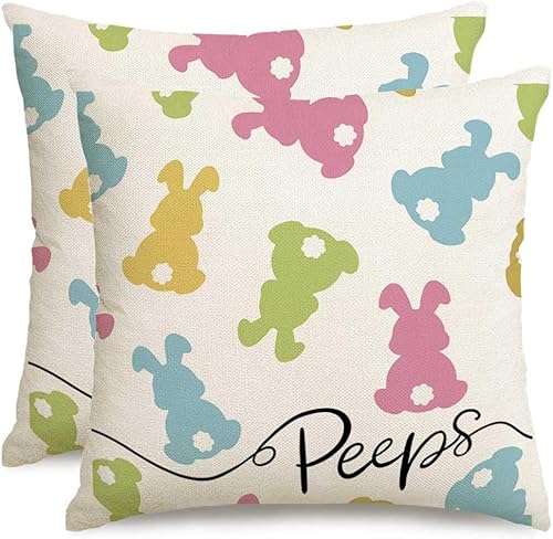 RABUSOFA Juego de 2 fundas de almohada decorativas de Pascua de 18 x 18 pulgadas, fundas de cojín decorativas de conejo de corazón de lunares, funda