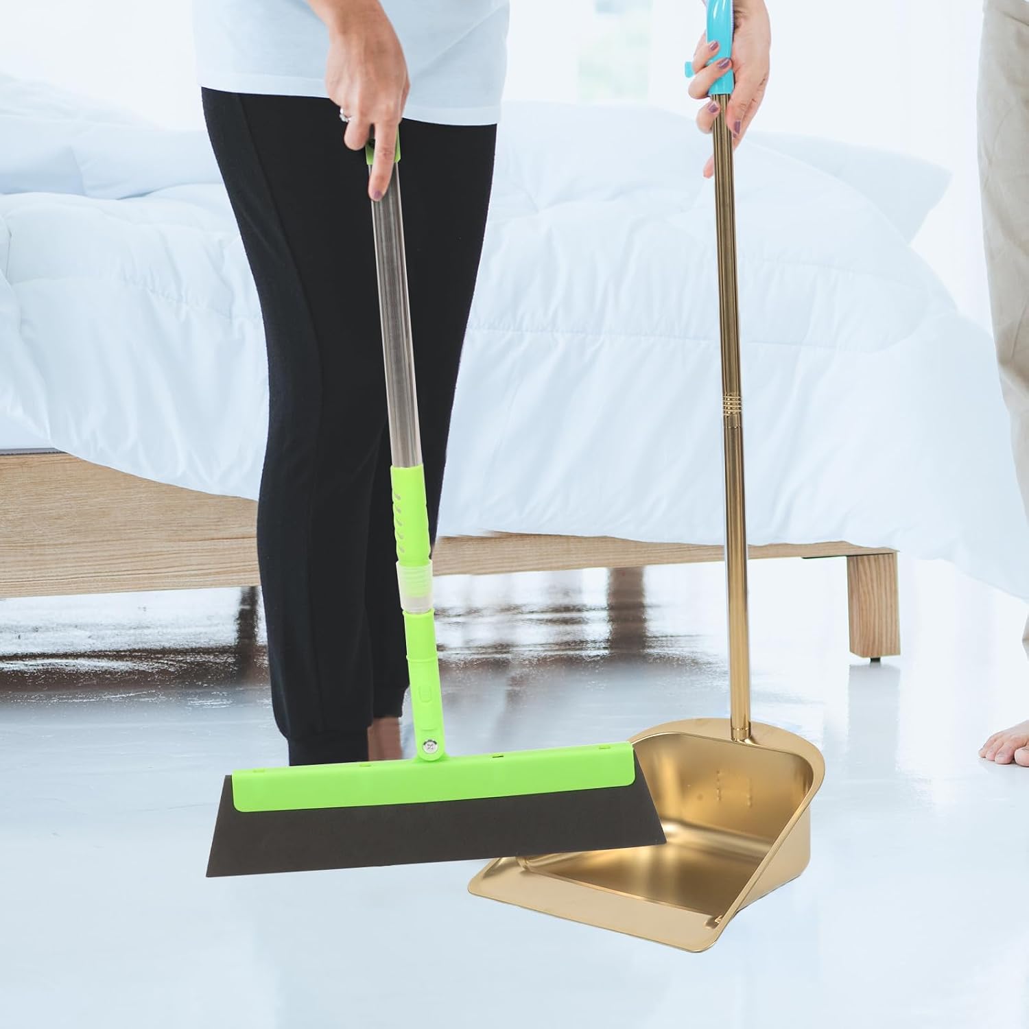 Golden Stainless Steel Dustpan Prevents Scrapes on Floors with Long Handle No Bending Required, Extra Wide Scooper Mouth for Family Use Suitable for Mixed Wet and Dry Household