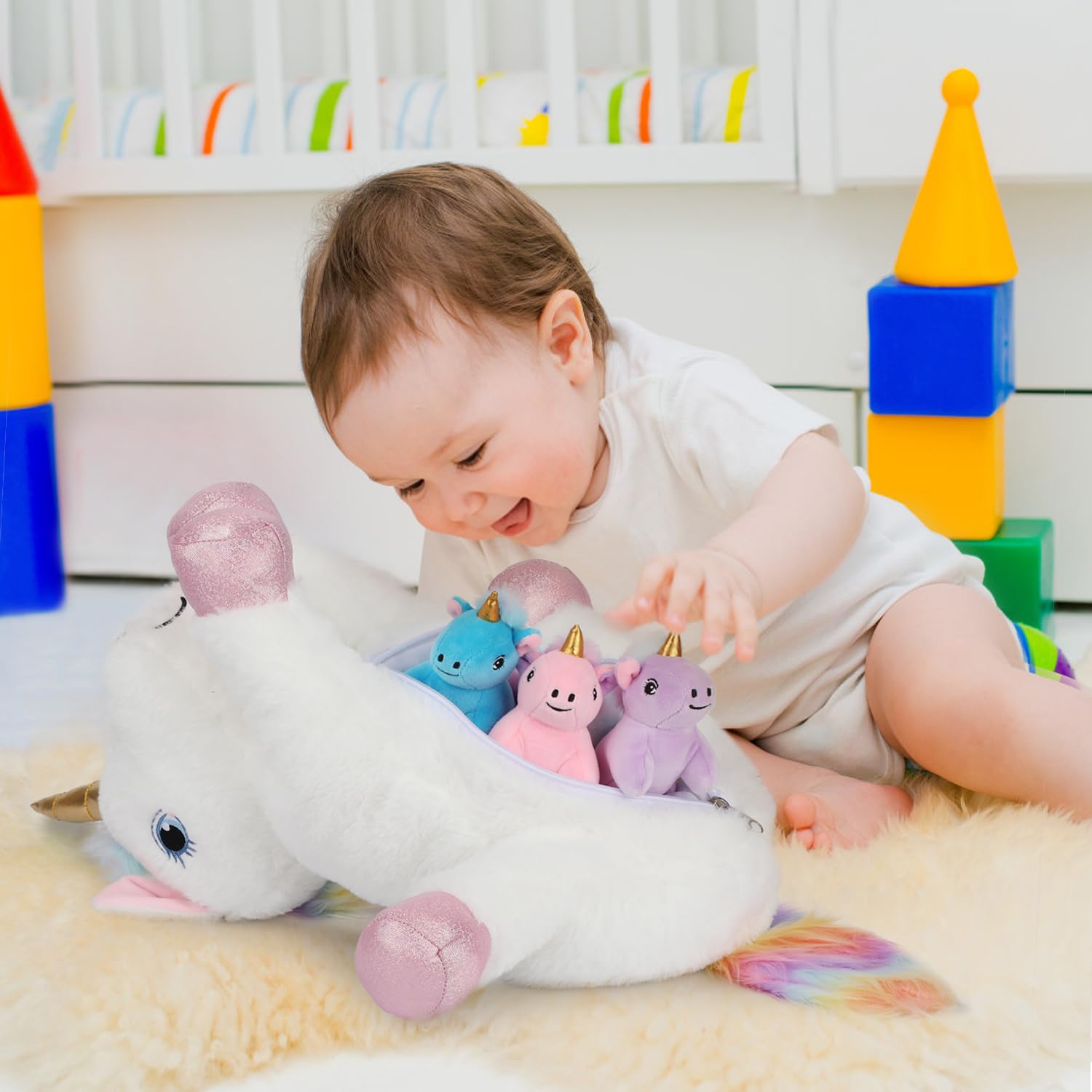 61 cm (24 Zoll) Einhorn Plüschtier für 3-9 Jahre Mädchen - Mutter mit schönen Augen und vier Plüschbabys Party