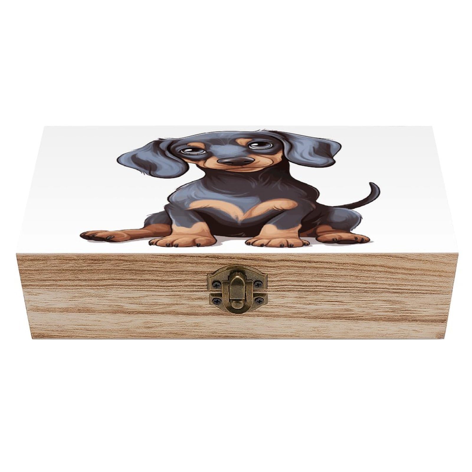 JTREHY Cute Dachshund Wooden Keepsake Box Vintage-Style Wood Keepsake Case with Hinged Lid Solid Wood Boxes Beautifully Memory Treasure Case Vintage-Style Wooden Storage Box