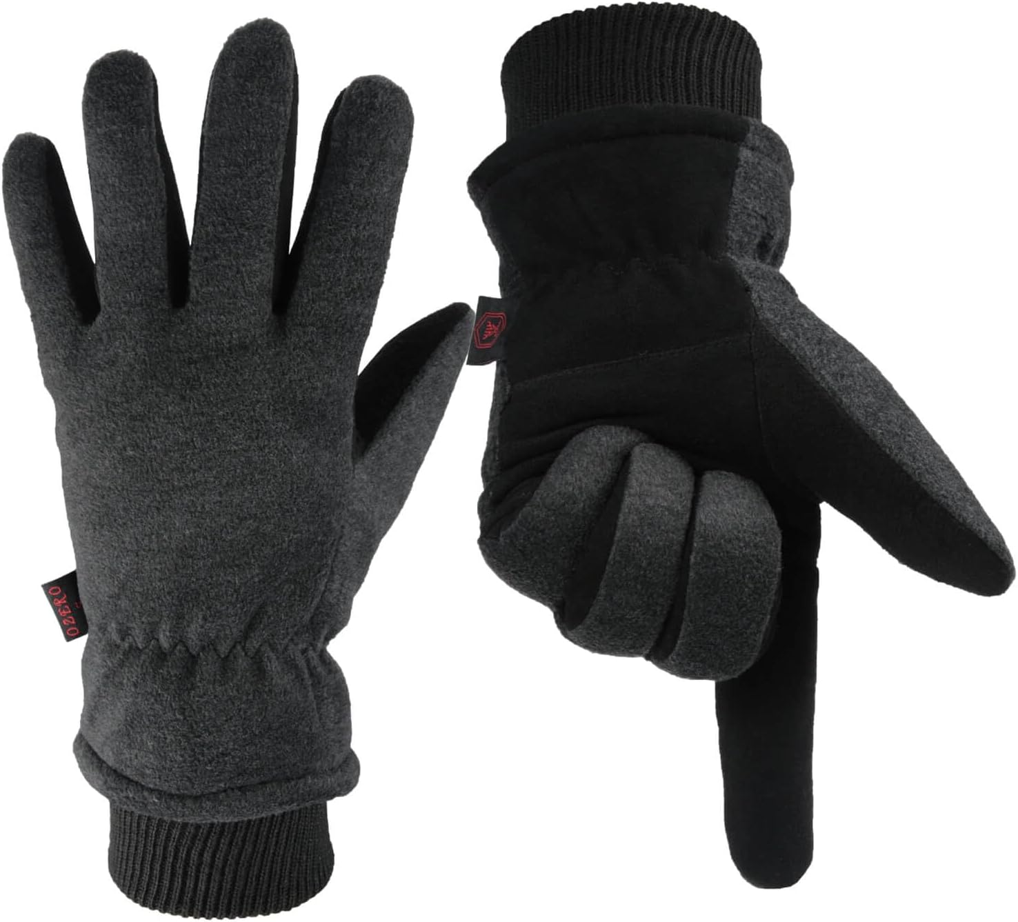OZERO Winter Gloves Coldproof Snow Work Ski Glove - Deerskin Leather Palm & Polar Fleece Back with Insulated Cotton - Windproof Water-Resistant Warm Hands in Cold Weather for Women Men - Gray(L)