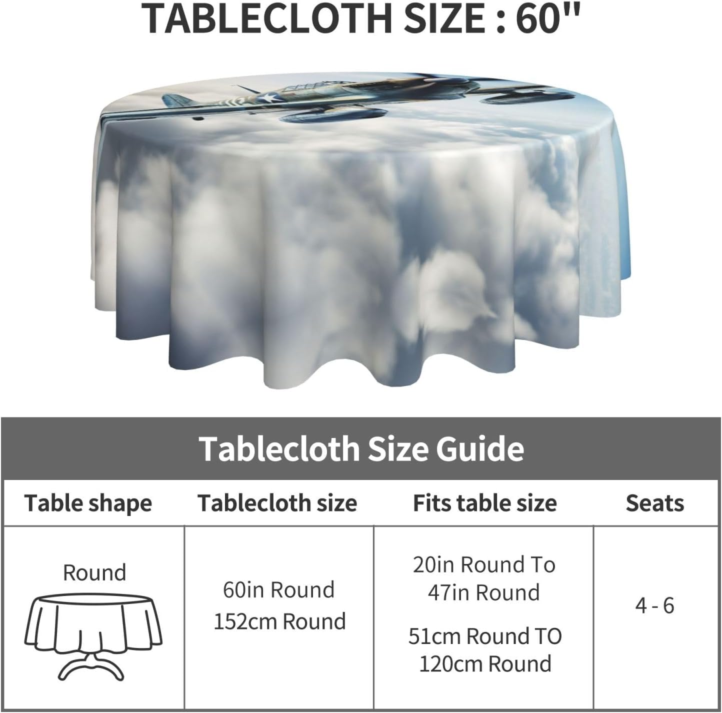 World War 2 Aircraft Airplane1 Print Wrinkle Free Dining Table Cover for Birthday Party Farmhouse Tablecloths Up to 60 x 60 Inches