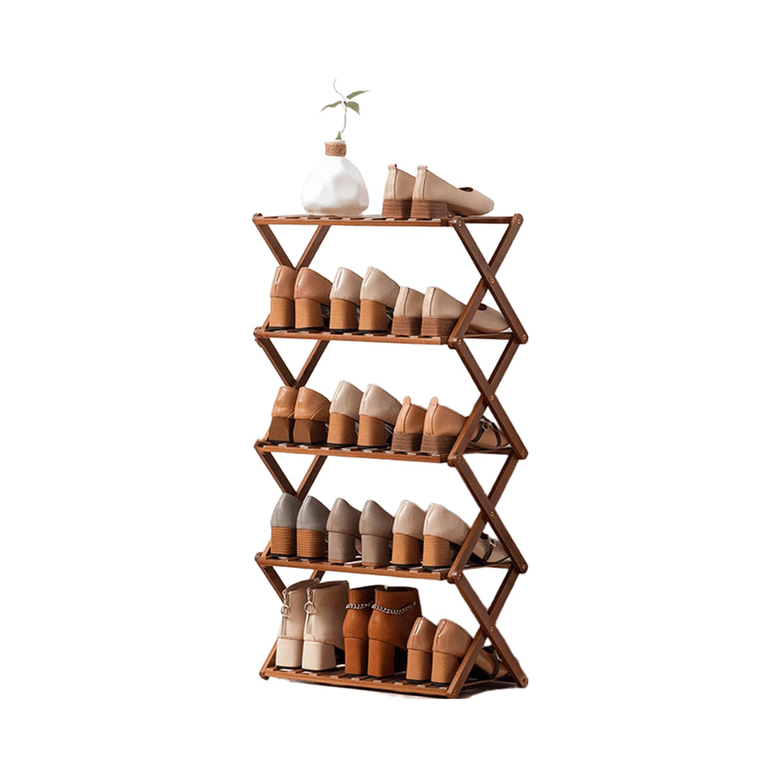 Kiss Me Vertical Folding Shoe Rack, Portable Wooden 5 Tier Storage