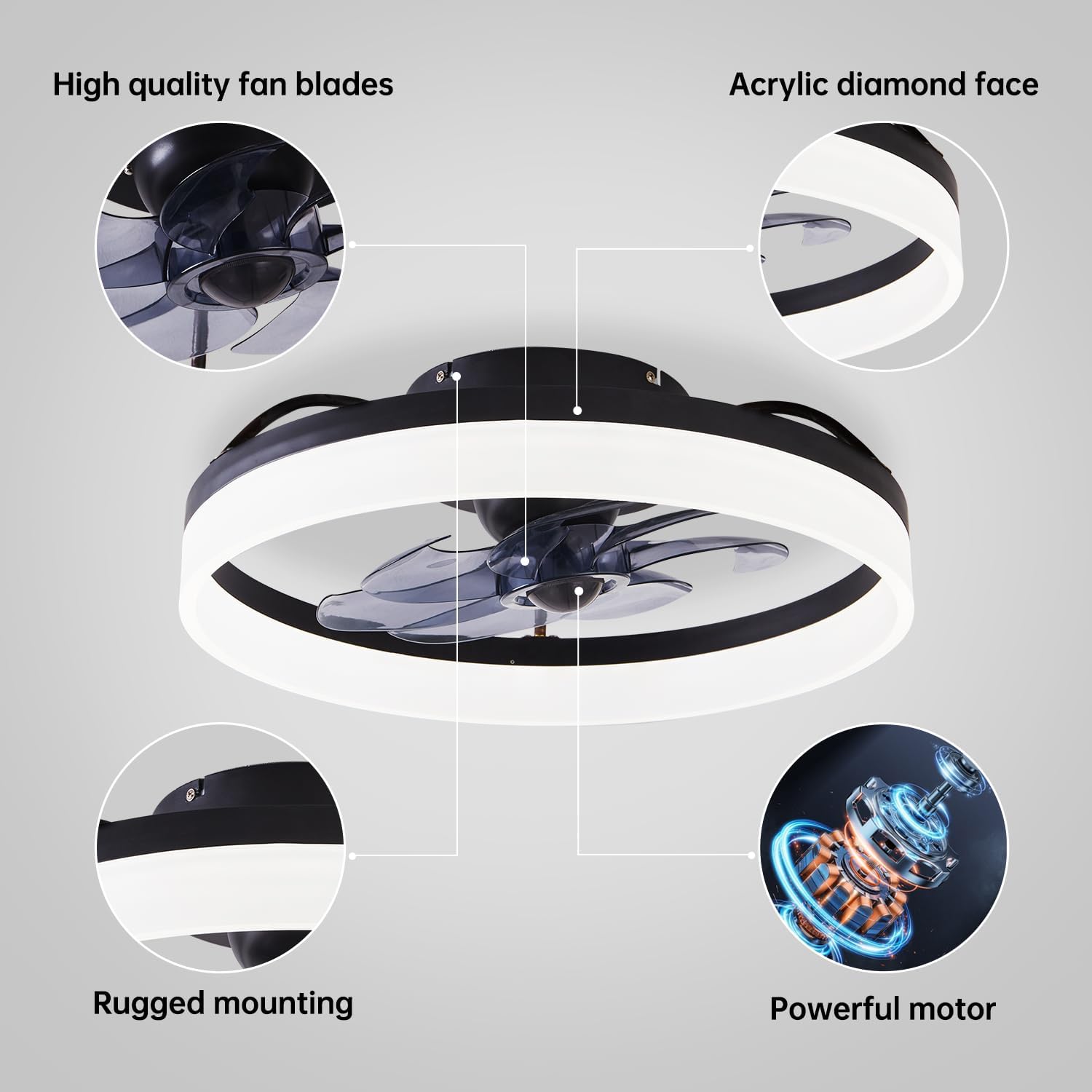 Smart Ceiling Fan with Lights and Alexa Assistant/APP/Remote Control Low Profile Fan with 6 Speeds, 15° Tilt Manal Adjustment, Stepless Color Temperature Change for Home Office Black