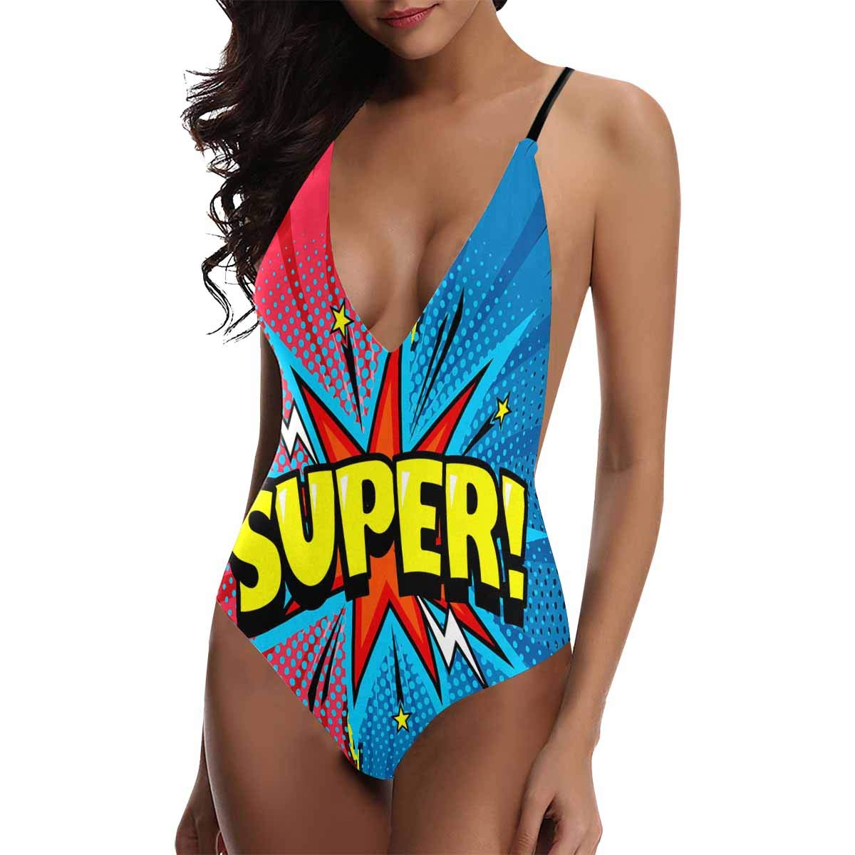 Women's High Cut Backless Tummy Control Bathing Suit Superhero Speech Bubble