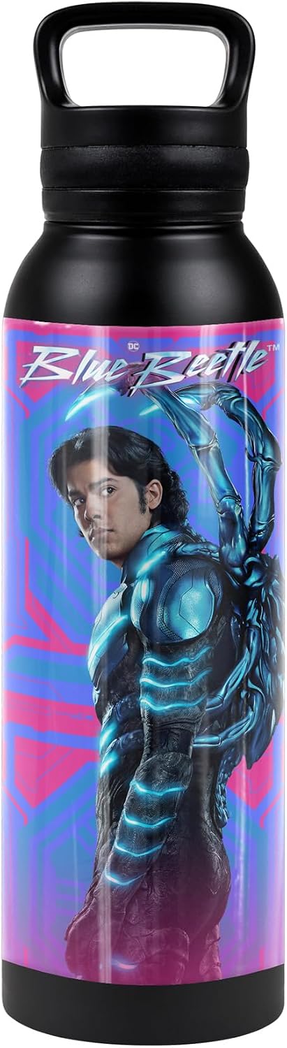Blue Beetle (2023) OFFICIAL Beetle Neon Glare 24 oz Insulated Canteen Water Bottle, Leak Resistant, Vacuum Insulated Stainless Steel with Loop Cap, Black