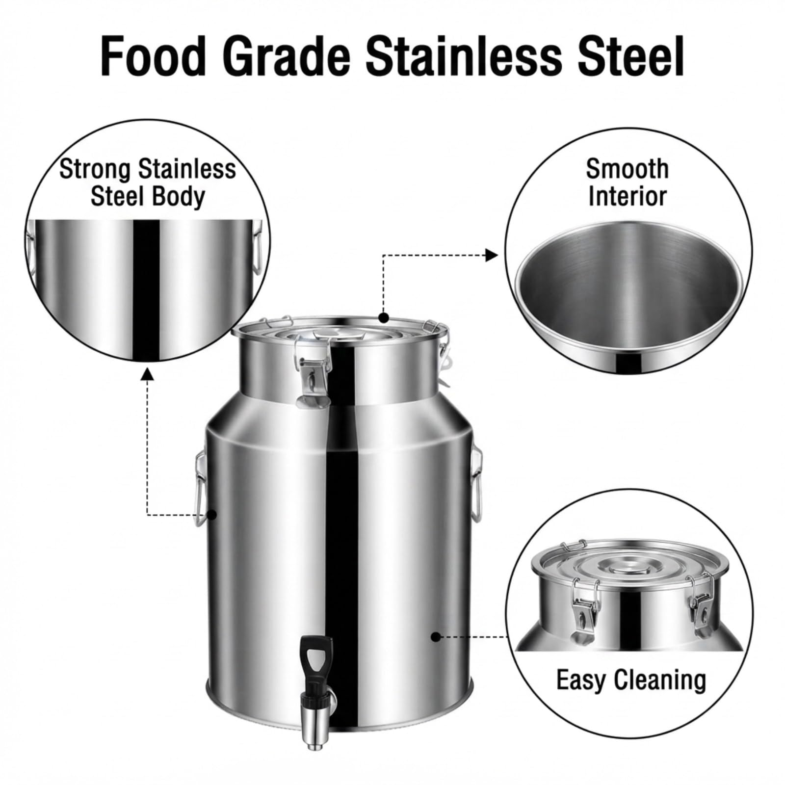 Bidón de Leche Acero Inoxidable 304 con Grifo y Tapa Hermética | Cubo de Almacenamiento de Líquidos para Leche, Vino, Aceite y Bebidas con Asa(No Spigot,48L/12.7 Gal)