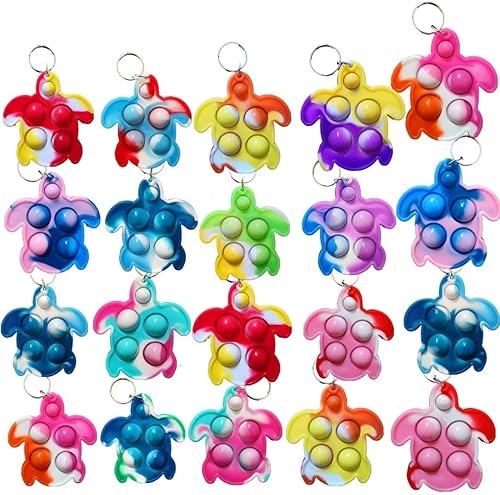 20 piezas de mini tortuga arcoíris Pop Fidget llavero juguete, regalos de fiesta, juguetes de burbujas para aliviar la ansiedad y el estrés, regalo