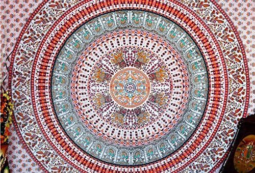 Kaleidoscopic Indian Ethnic Elephant White Orange Peacock Hippie Hippy Blue Mandala Cotton Tapestry Wall Hangings Throw 86x94"