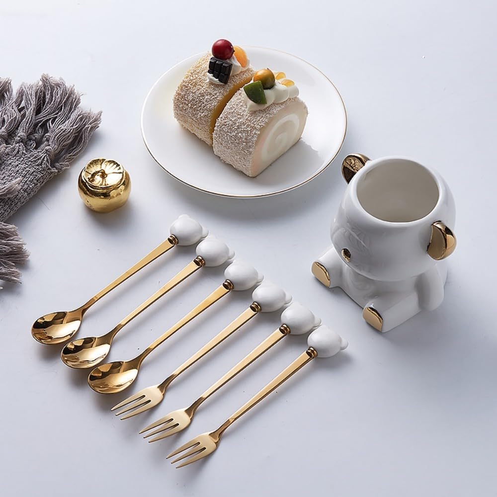 12 Piece Set Cartoon Stainless Steel Spoon Fork Set 14.5cm/5.7 Inch Dessert Spoon Fork Household Fruit Fork Ceramic Small Fork Bear Storage Jar (With storage, light green Gold)