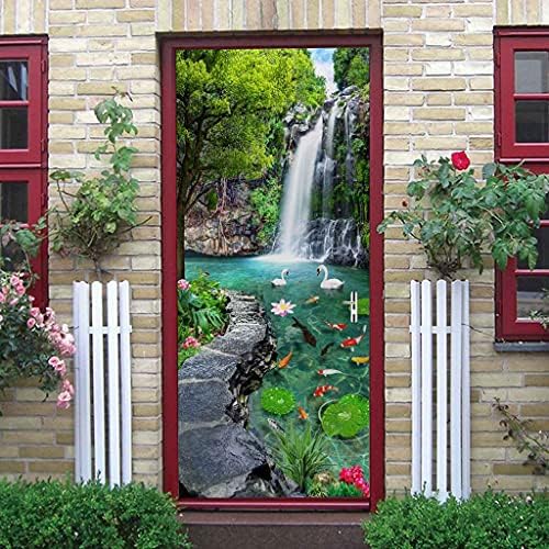 JTGCZI 3D Waterfall swan Lake Landscape Door Decal Door Stickers Decor Door Mural Poster Removable Vinyl Door Wall Mural Door Wallpaper for Home Room Decoration 30.31"x78.7"