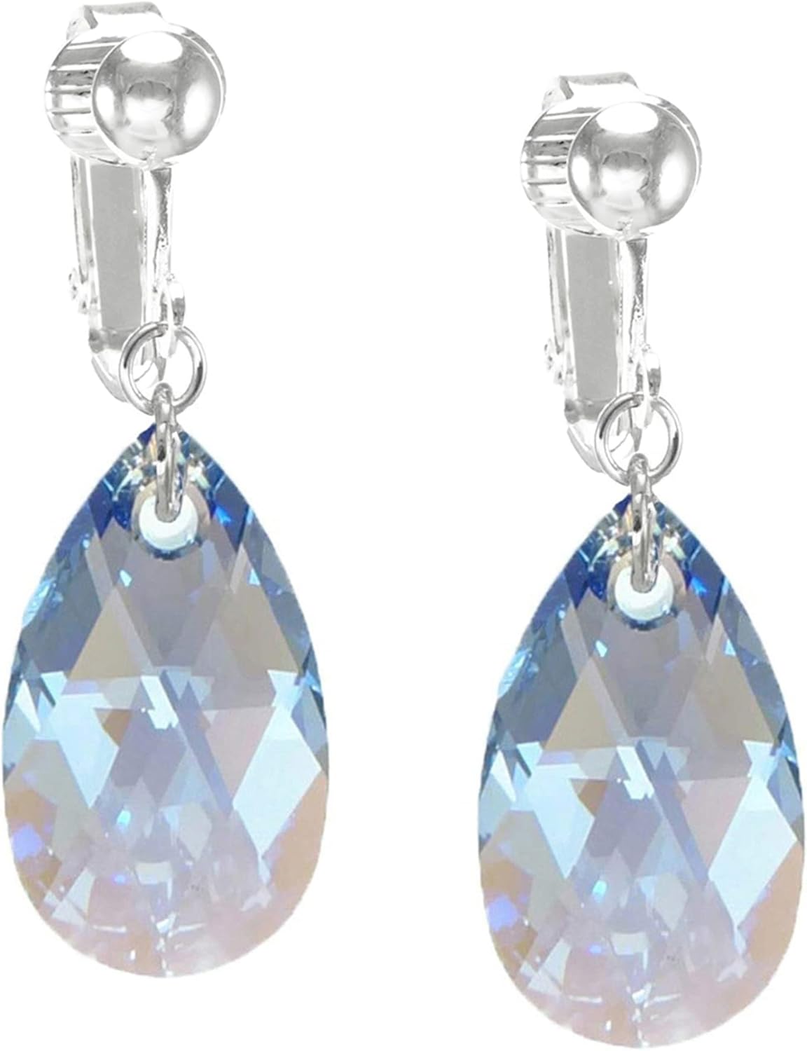 Beautiful 22mm Austrian Crystal Teardrop Dangle Earrings, Silver Clip On, Color Choicce (sapphire blue AB)