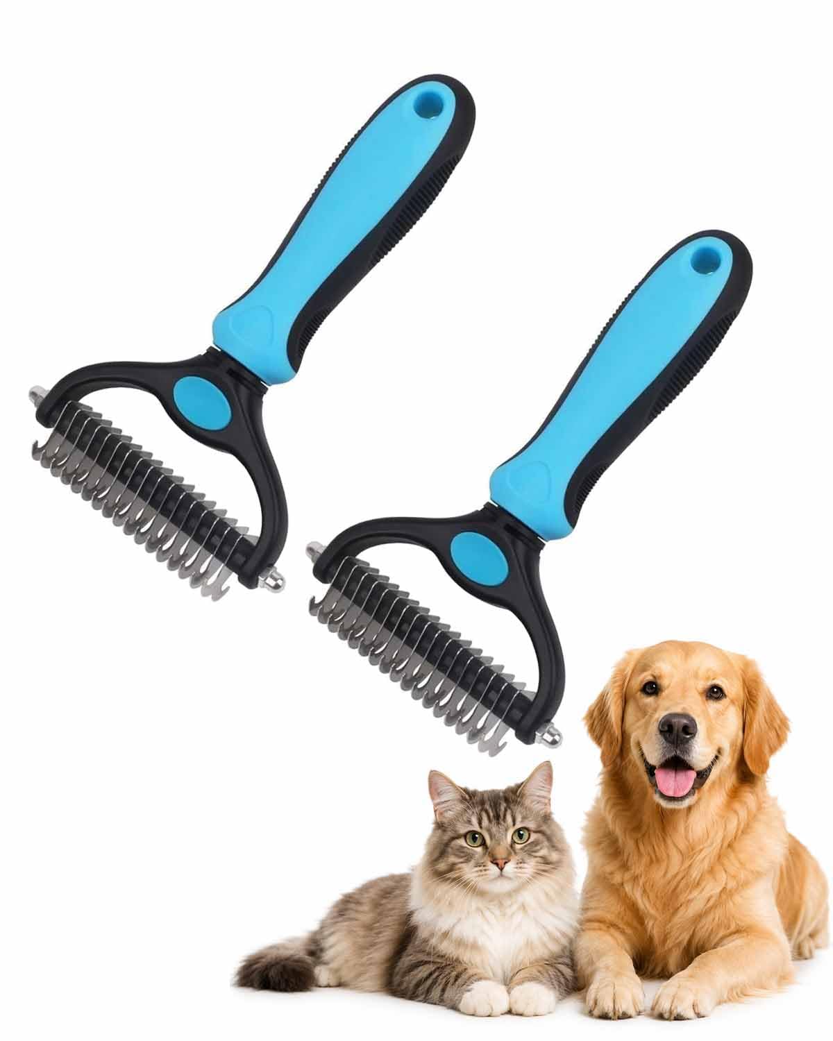 Pet Pro Grooming Tool, 2-in-1 Undercoat Rake & Deshedding Brush for Dogs and Cats, Professional Dematting Comb with Safe Dual-Sided Blades for Mats, Tangles and Loose Fur