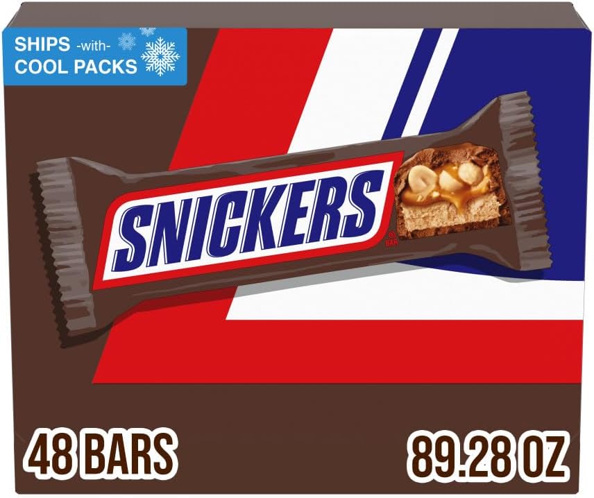 SNICKERS Full Size Bulk Milk Chocolate Candy Bars, 1.86 oz Bar, 48 ct Box