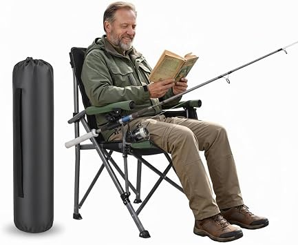 Fishing Chair with Rod Holder, Portable Folding Camping Seat for Adults Hands Free Collapsible Stool with Back for Outdoor & Bank Fishing Gear & Gifts for Men Black Green
