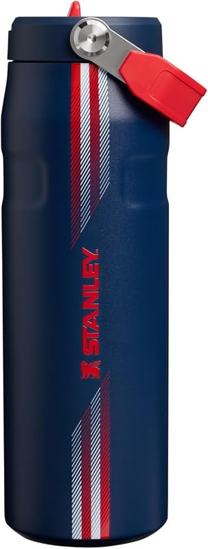 Botella IceFlow Flip Straw 2.0, 24 oz, Team Navy Red | Asa de fácil transporte | Tapa giratoria y pajita abatible | Botella de agua ligera | Acero inoxidable aislado | Sin BPA