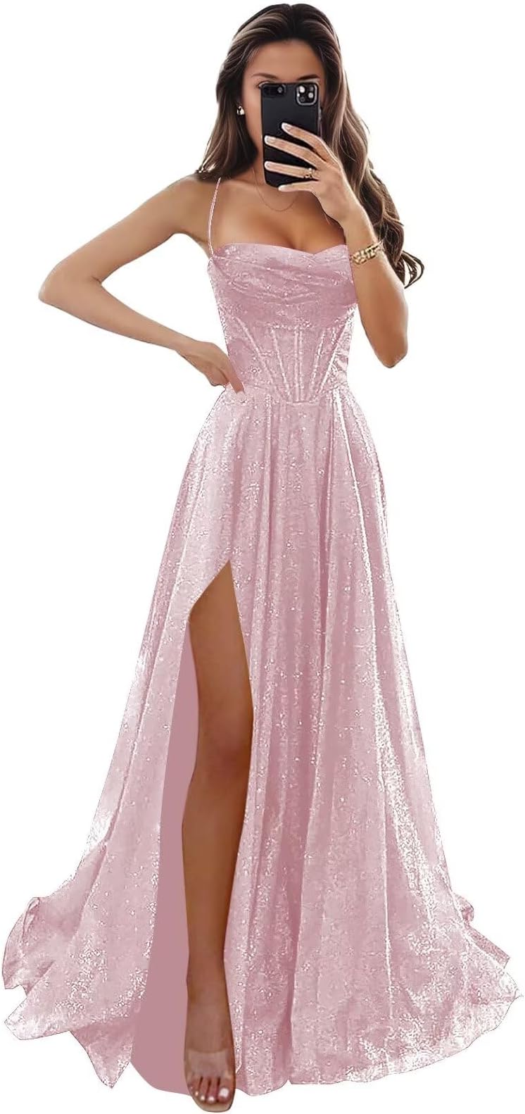 Corset Prom Dresses Long 2026 with Slit Spaghetti Straps A-Line Formal Dress for Women Sparkly Evening Ball Gown
