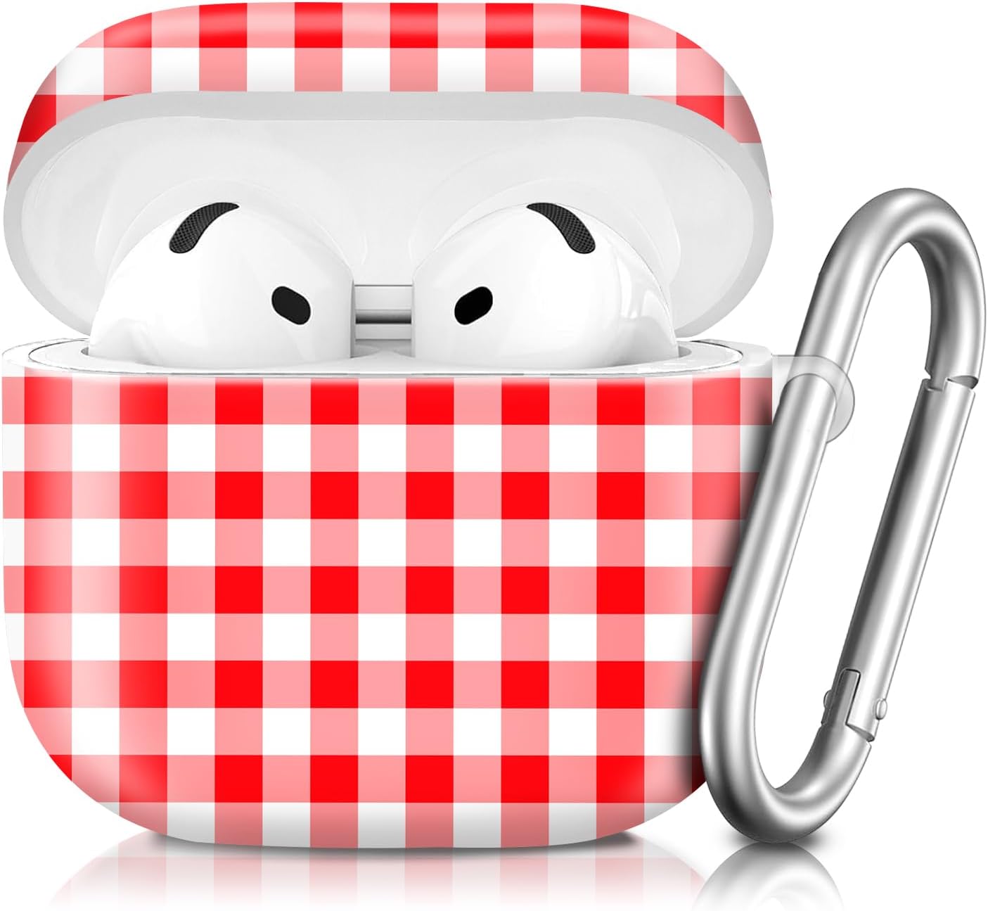 Compatible with AirPod 4th Generation 2024 Case, Shockproof Anti-Drop Protective Cover, Cute Case for Women Men with Keychain(Red White Checkered)