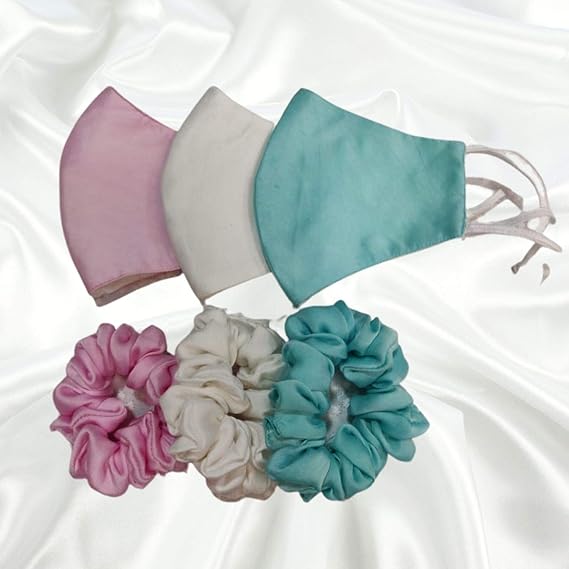Shaila's Couture Silk Satin Mask with Matching Scrunchies, SET OF 3 - For Women, Adjustable Earloops, Washable, Reusable
