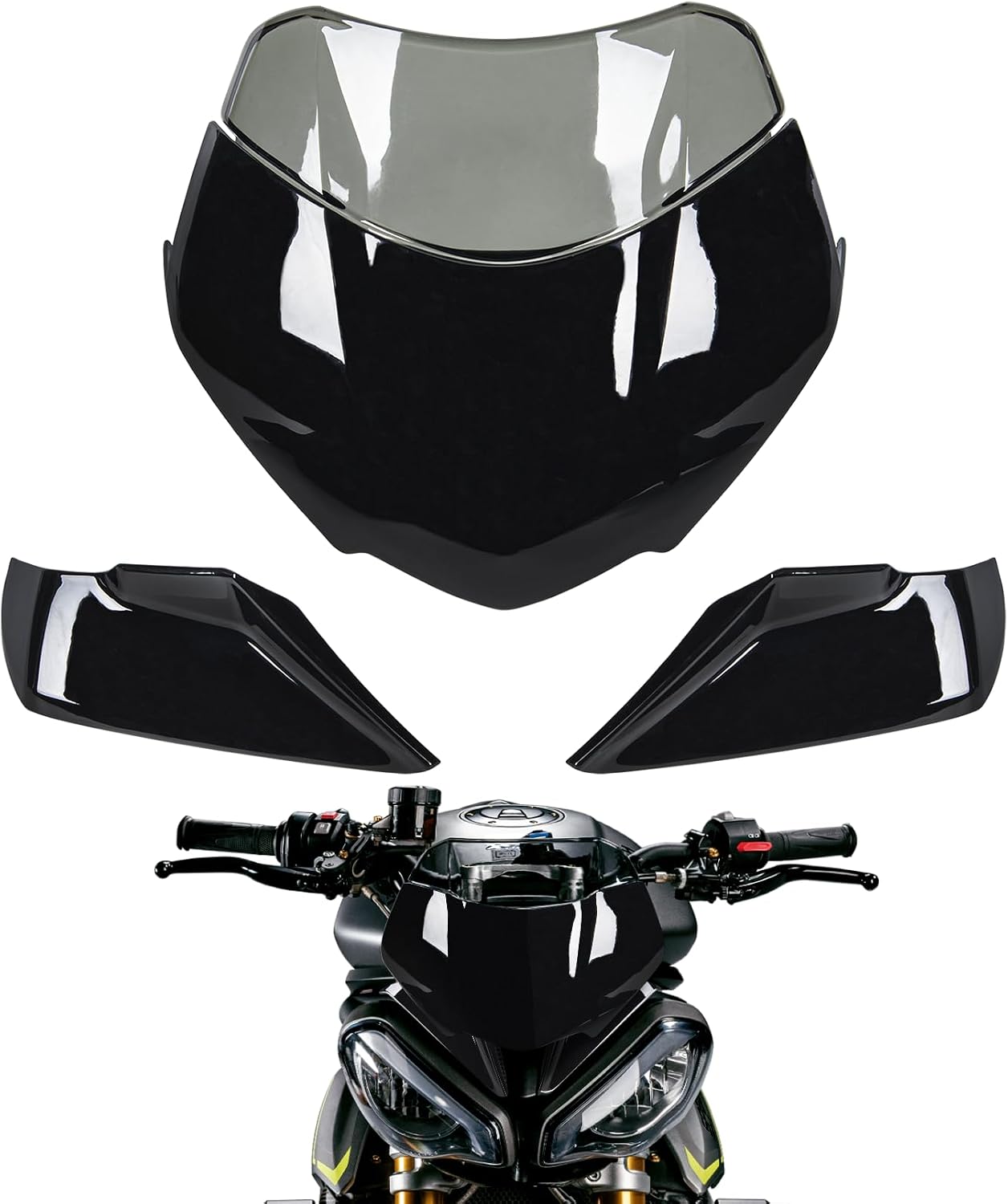 Motorcycle Front Headlight Fairing Cowl with Dark Smoke Windshield Deflector Windscreen Visor Compatible with Speed Triple 1200 RS 2021 2022 2023 2024, Glossy Black