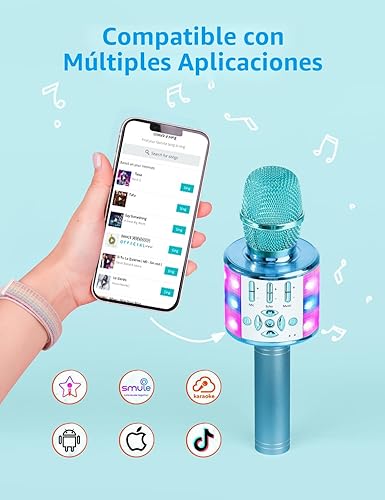 Vista 3 de Amazmic Máquina de micrófono de karaoke para niños, juguetes para niñas, micrófono Bluetooth con luz LED, regalo de Navidad y cumpleaños para niñas