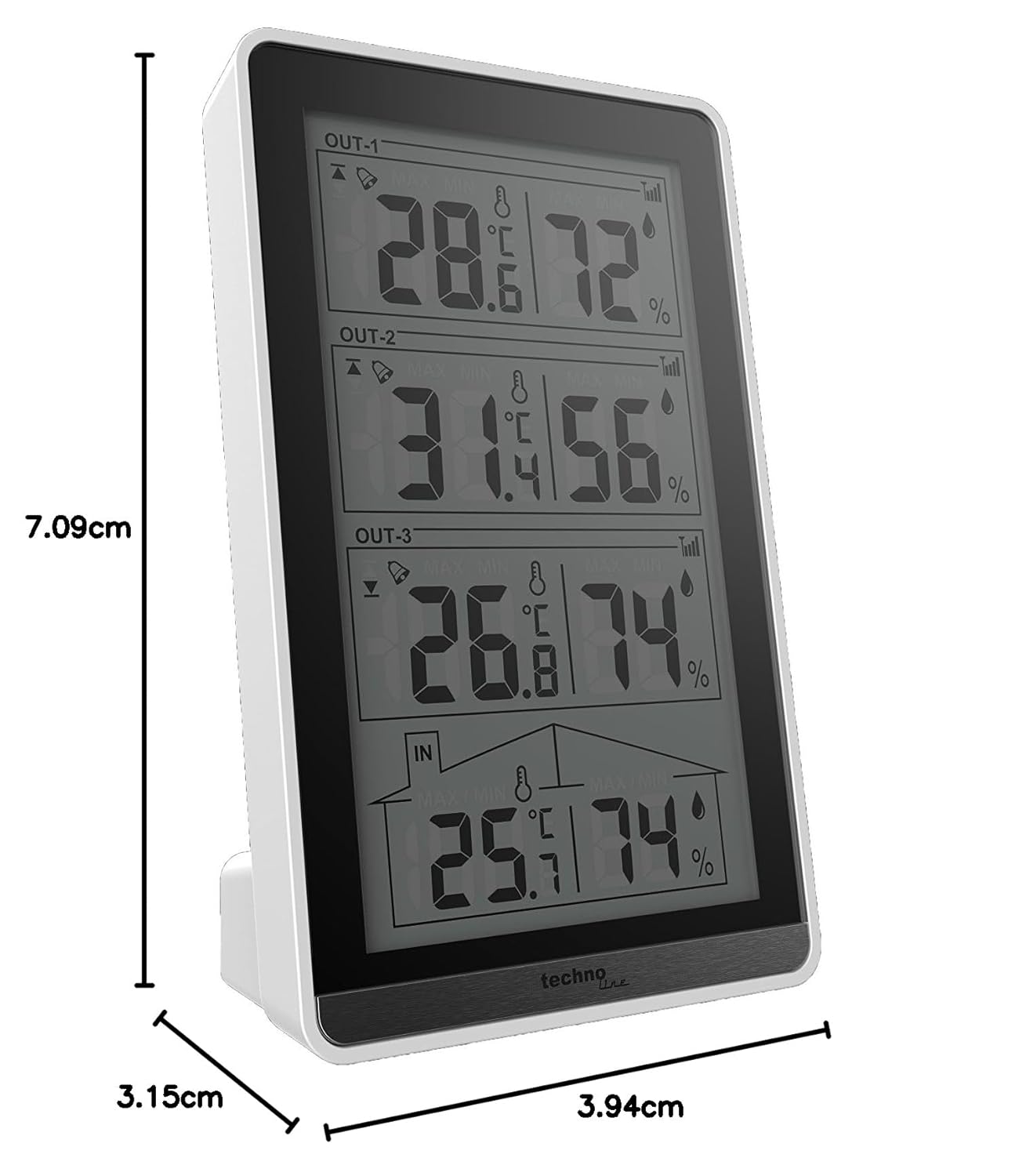 Dimensions of the Technoline WS 7060 Temperature Station, showing height, width, and depth measurements.