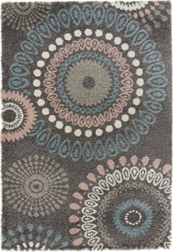 Mint Rugs Globe Teppich Hochflor Wohnzimmer-Teppich Weich Flauschig Langflor Shaggy Flokati Graphisches Kreismuster für Wohnzimmer Küche Flur oder Schlafzimmer Grau 120x170 cm