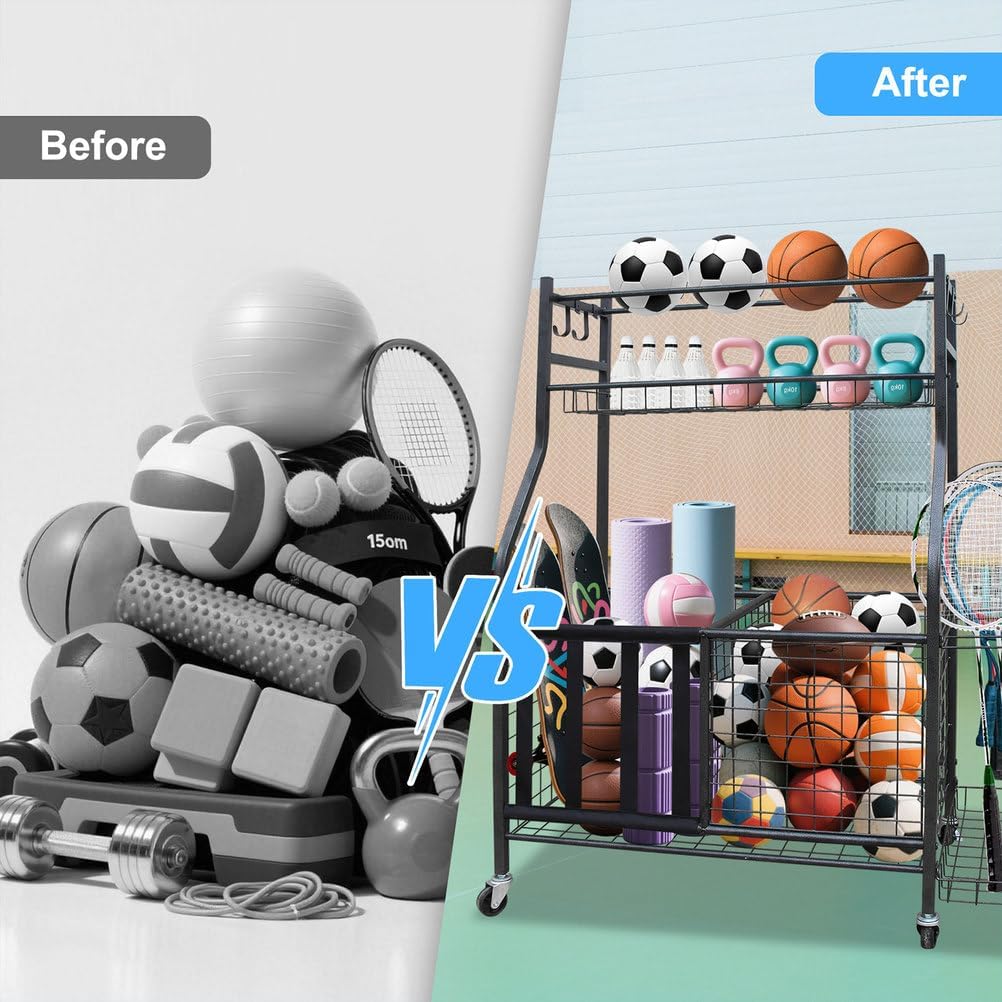 Garage Sports Equipment Organizer with Wheels, Large Capacity Rolling Ball Storage Rack, Baseball Bat Holder, Hooks, and Baskets for Indoor & Outdoor Use, Black