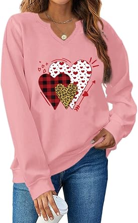 Ymoshoe Women V-Neck Valentine Sweatshirt Love Heart Elbow Patch Shirts Gift for Her